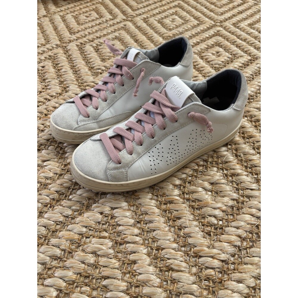 P448 John Sneakers Size 38 (8 US) Leather Low Top Shoes Italy Pink Gray White